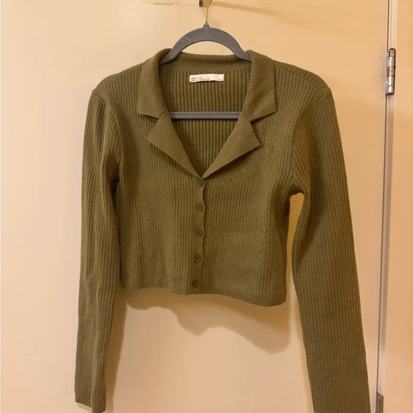 Cropped Collared Olive Green Sweater from Oak and Fort - Picture 1 of 3